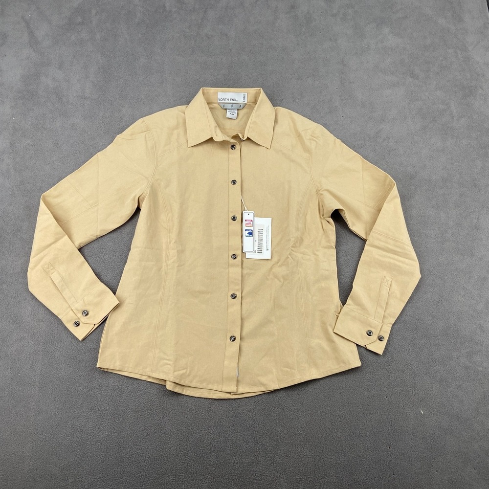 North End Shirt Womens Medium Tan‎ Shirttail Hem Comfort Button Up Everyday Wear